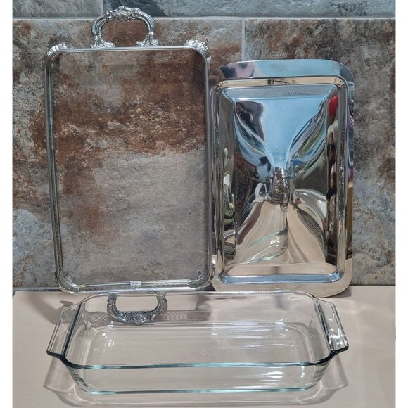 Silver Plated Rectangular Chafing Dish Glass Insert Decorative Scrollwork Accent - Picture 3 of 11